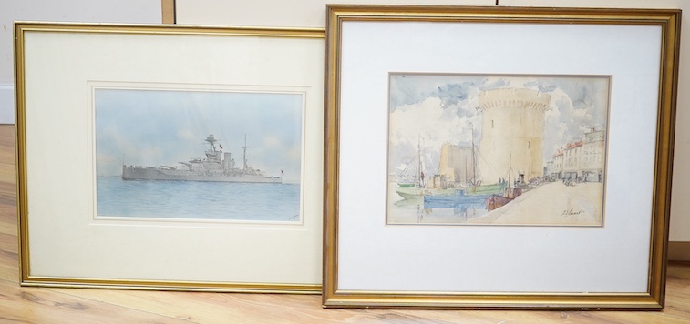 Two naval watercolours; E. Hopkins, watercolour, Royal Navy battleship HMS Malaya, 20.5 x 32.5cm, together with Douglas Ian Smart (1879-1970), watercolour, Saint Nicholas Tower at the harbour in La Rochelle, France, 23 x